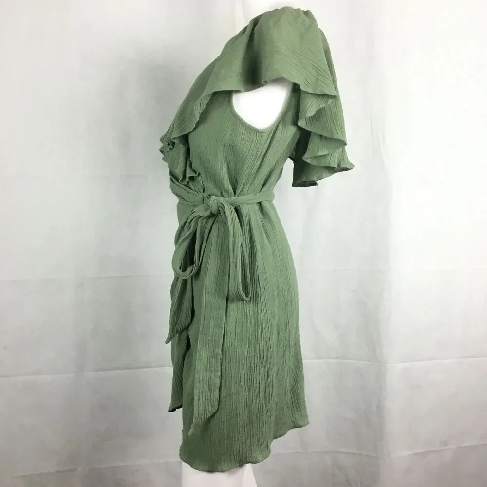 Free People Dress Womens Sz S Green Ruffled‎ Crinkle Mini Wrap Sundress V-Neck